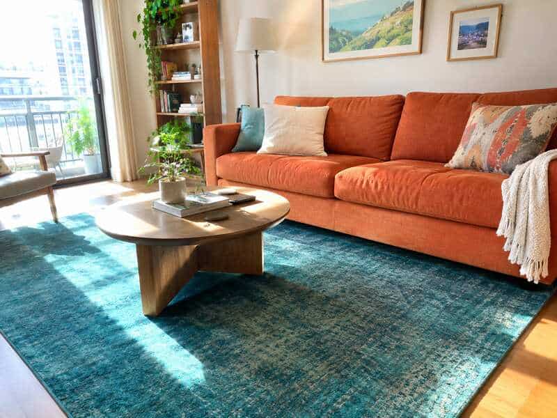 Orange sofa blue rug home